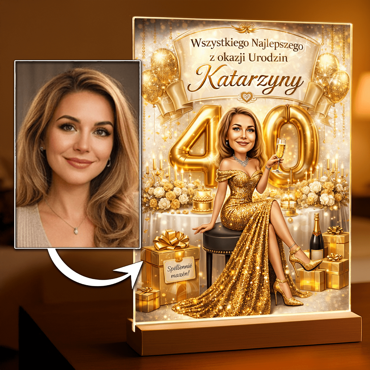 Złota stylizacja glamour na szkle akrylowym – Prezent na 40. urodziny - Adamell.pl