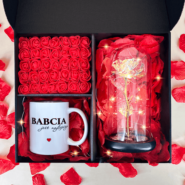 Złota wieczna róża + kubek z nadrukiem NAJLEPSZA BABCIA box 2 w 1 - zestaw prezentowy, spersonalizowany prezent dla babci - Adamell.pl
