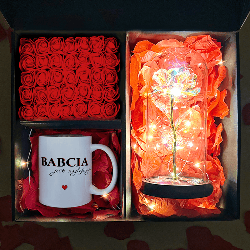 Złota wieczna róża + kubek z nadrukiem NAJLEPSZA BABCIA box 2 w 1 - zestaw prezentowy, spersonalizowany prezent dla babci - Adamell.pl