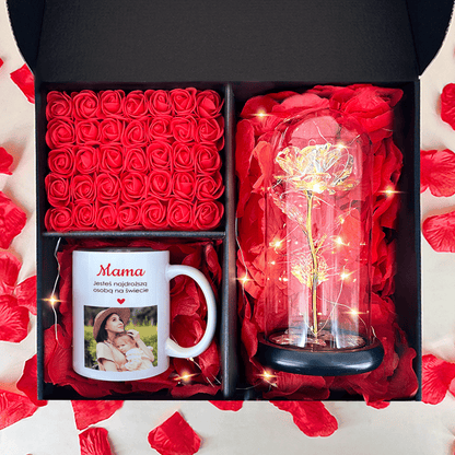 Złota wieczna róża + kubek z nadrukiem zdjęcia + napisem MAMA box 2 w 1 - zestaw prezentowy, spersonalizowany prezent dla mamy - Adamell.pl