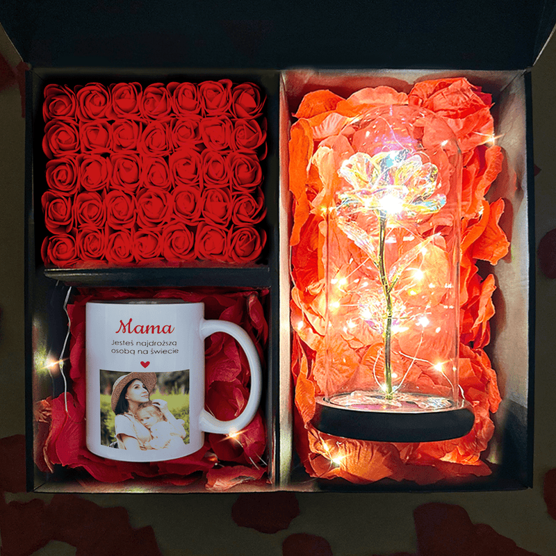 Złota wieczna róża + kubek z nadrukiem zdjęcia + napisem MAMA box 2 w 1 - zestaw prezentowy, spersonalizowany prezent dla mamy - Adamell.pl