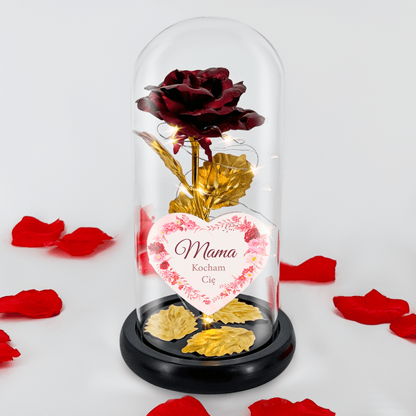 Złoto - czerwona róża wieczna LED w szkle + spersonalizowane serce MAMA - Adamell.pl