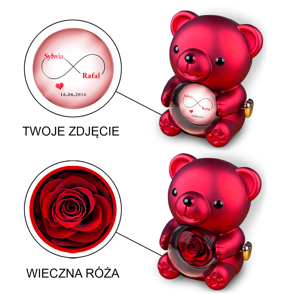 Znak nieskończoności - Miś z różą wieczną i wydrukiem, spersonalizowany prezent dla pary - Adamell.pl