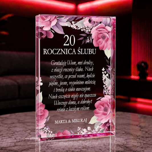 Życzenia na 20 rocznicę ślubu - Druk na szkle, spersonalizowany prezent dla pary - Adamell.pl