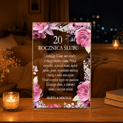 Życzenia na 20 rocznicę ślubu - Druk na szkle, spersonalizowany prezent dla pary - Adamell.pl