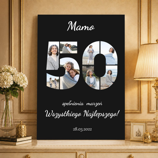 Kolaż ze zdjęć na płótnie Życzenia na 50 lat — prezent dla mamy