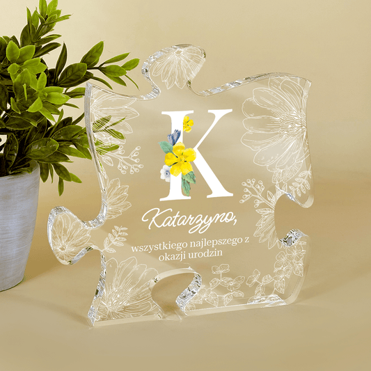 Życzenia na urodziny + inicjał - Druk na szkle - puzzel, spersonalizowany prezent na urodziny - Adamell.pl