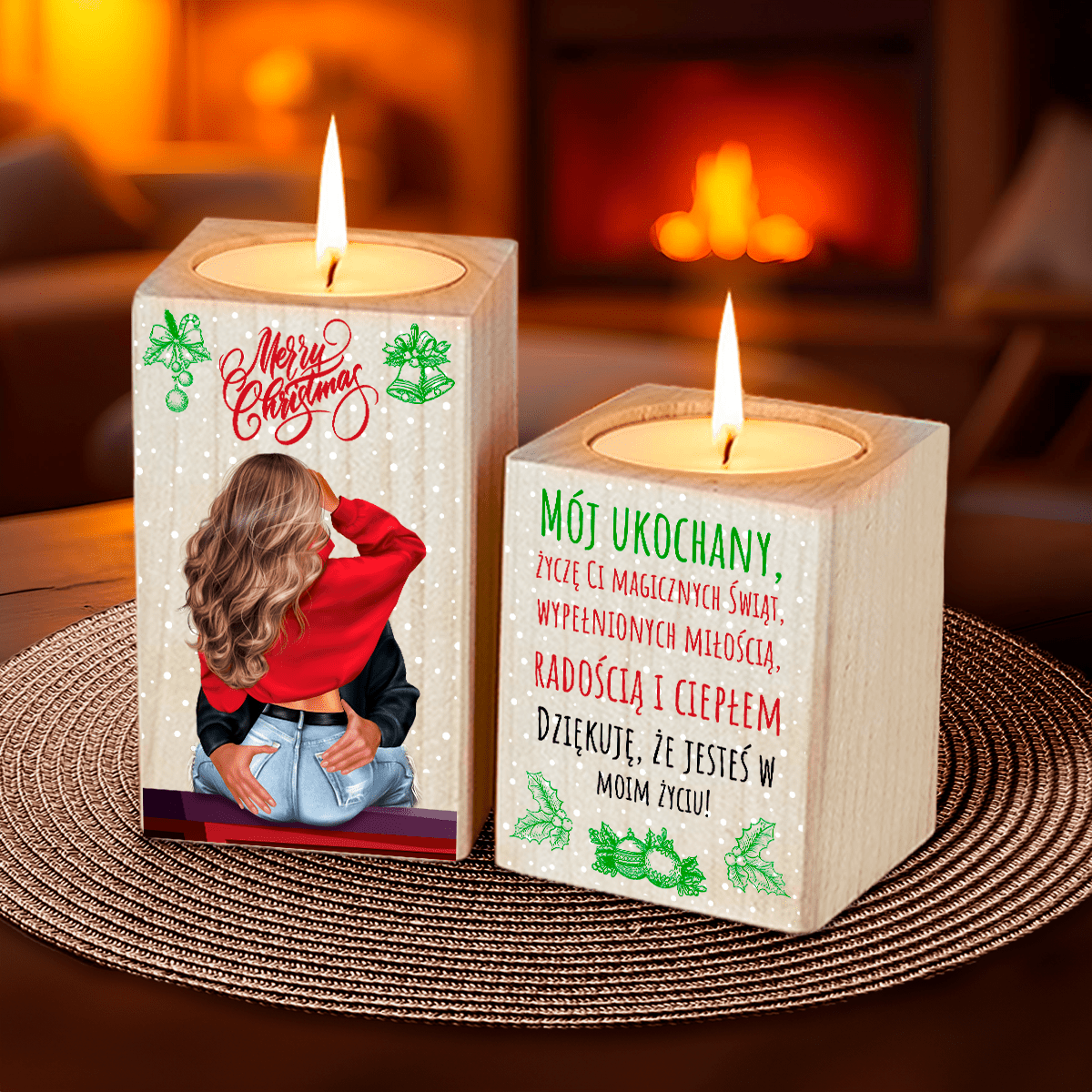 Życzenia świąteczne dla męża - 2 x Drewniany świecznik, spersonalizowany prezent dla męża - Adamell.pl