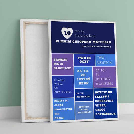 10 rzeczy, które kocham - druk na płótnie, spersonalizowany prezent dla niego - Adamell.pl