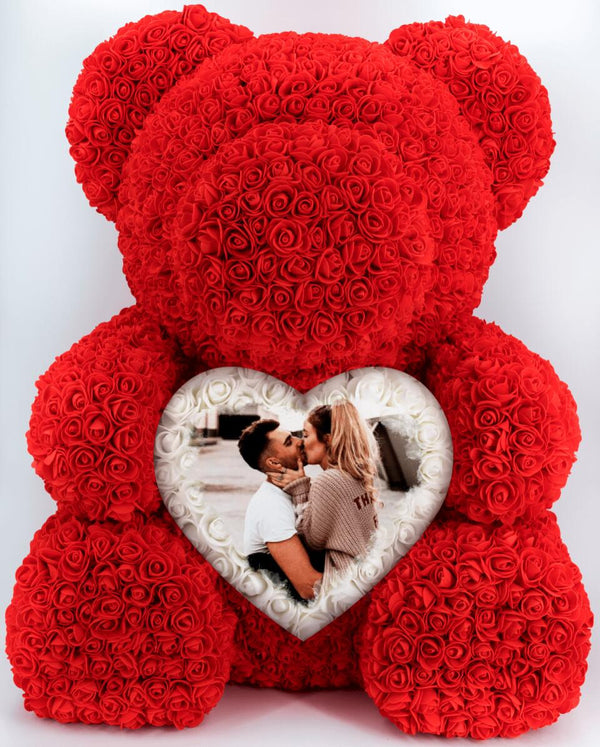 Czerwony Miś z róż z personalizowanym nadrukiem na szkle Twojego zdjęcia