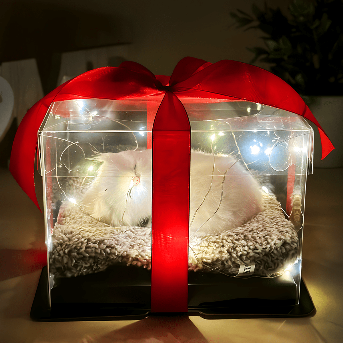 Biały kot na poduszce + LED - kot w pudełku, oryginalny prezent dla niej - Adamell.pl