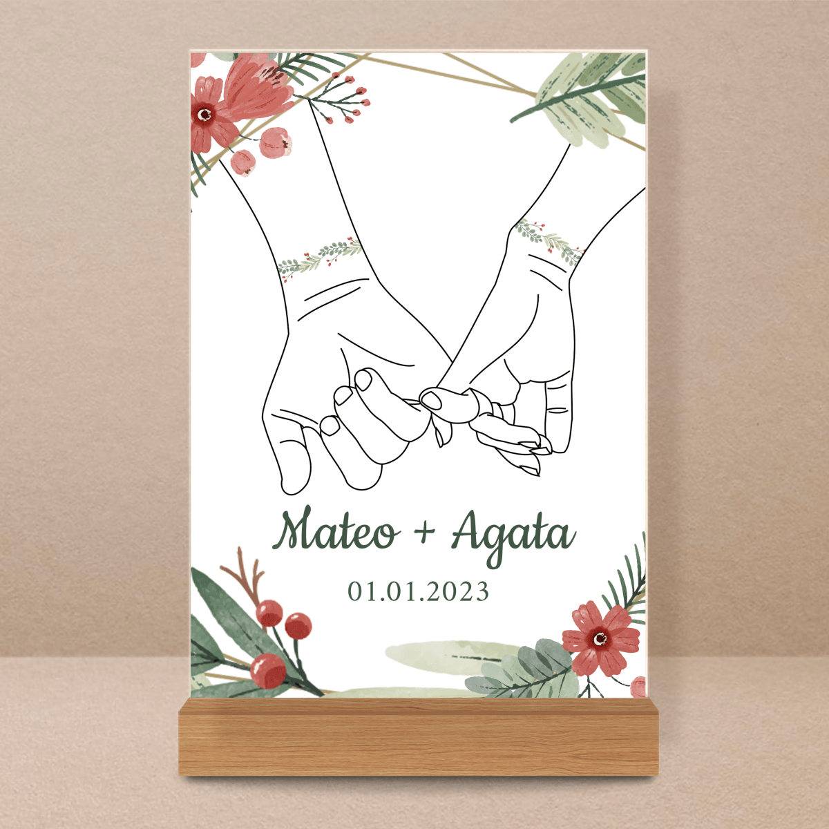 Dłonie grafika + imiona - Druk na szkle, spersonalizowany prezent dla pary - Adamell.pl