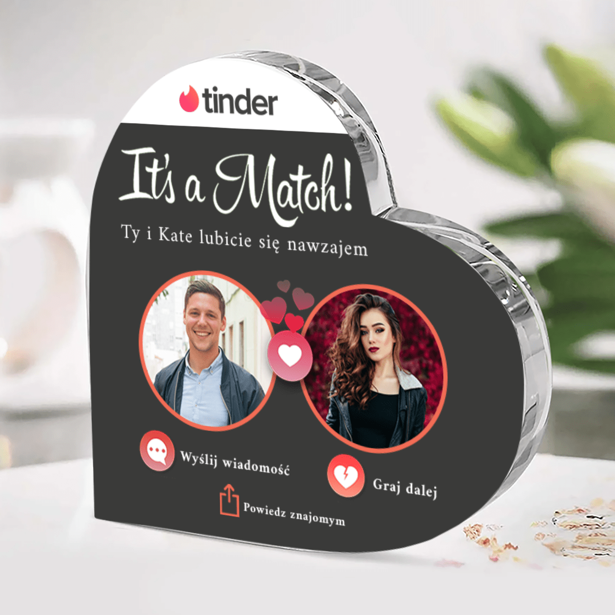 Dopasowani tinder - Szklane serce, spersonalizowany prezent dla niej - Adamell.pl