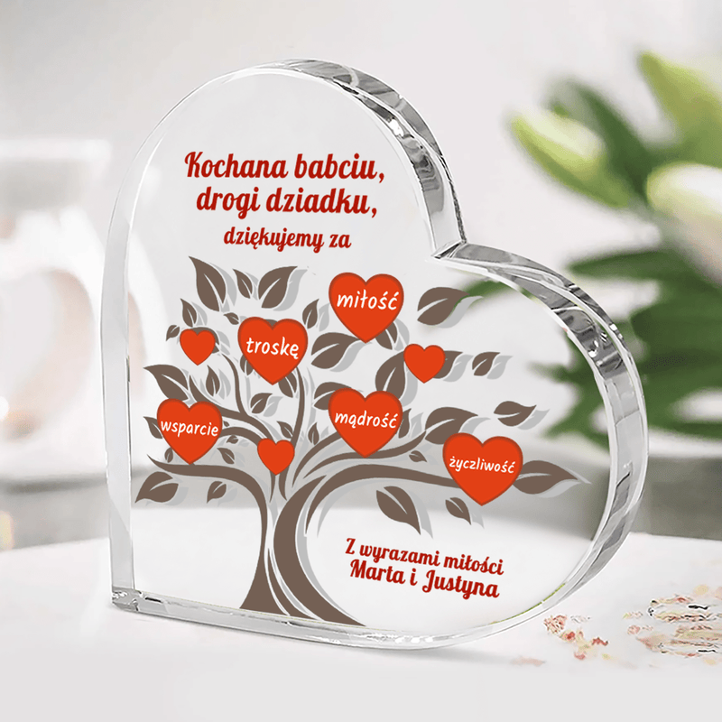 Drzewo serc dla dziadków - Szklane serce, spersonalizowany prezent - Adamell.pl