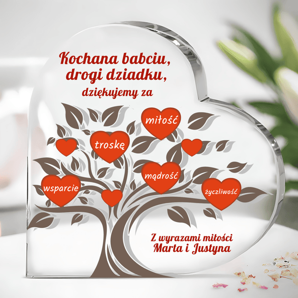 Drzewo serc dla dziadków - Szklane serce, spersonalizowany prezent - Adamell.pl