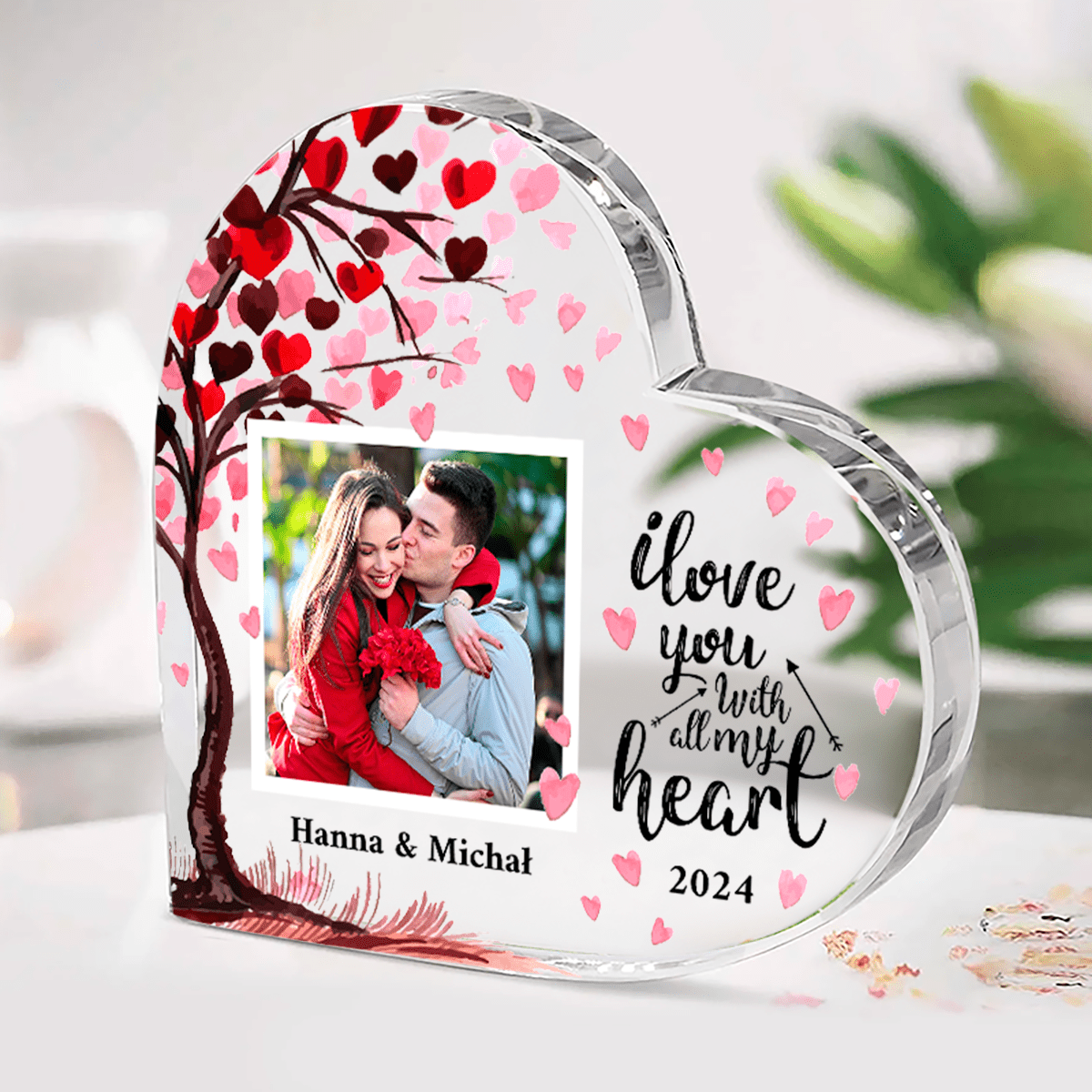 Drzewo serc+ zdjęcie - Szklane serce, spersonalizowany prezent dla pary - Adamell.pl
