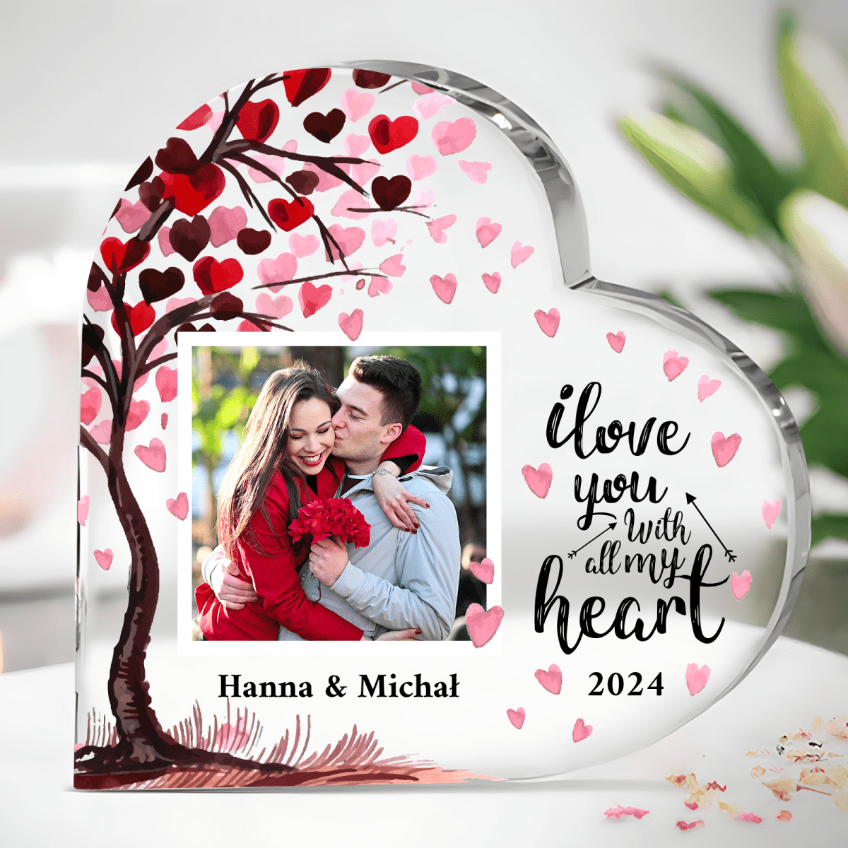 Drzewo serc+ zdjęcie - Szklane serce, spersonalizowany prezent dla pary - Adamell.pl
