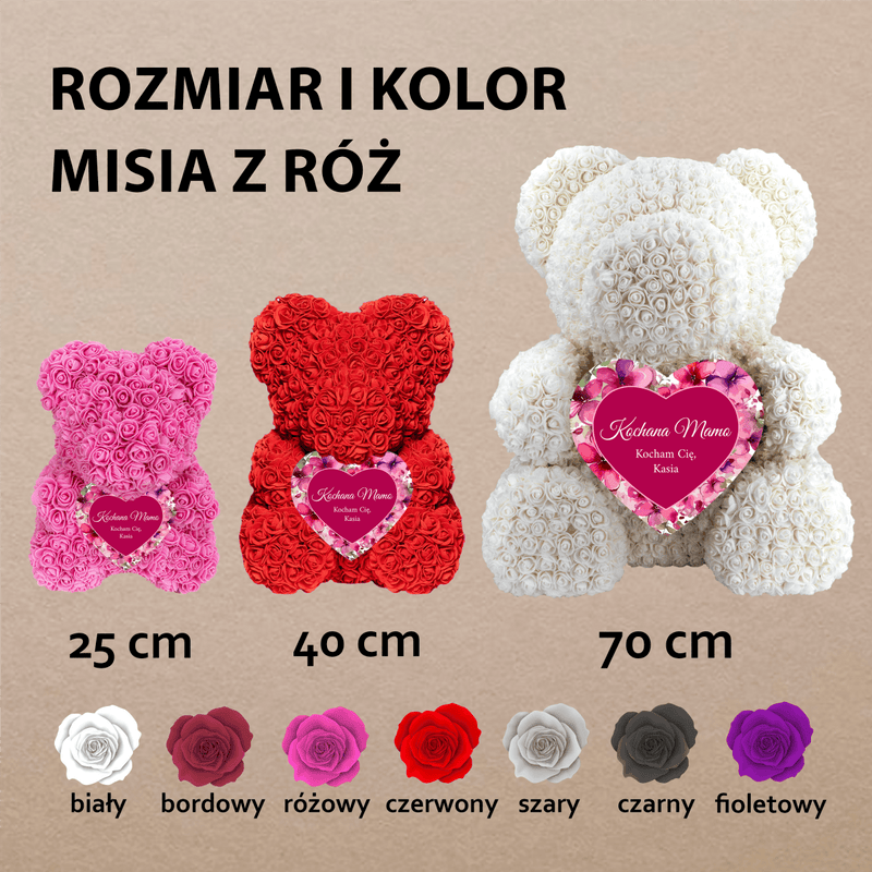 Fioletowe kwieciste serce - Miś z róż z wydrukiem, spersonalizowany prezent dla mamy - Adamell.pl