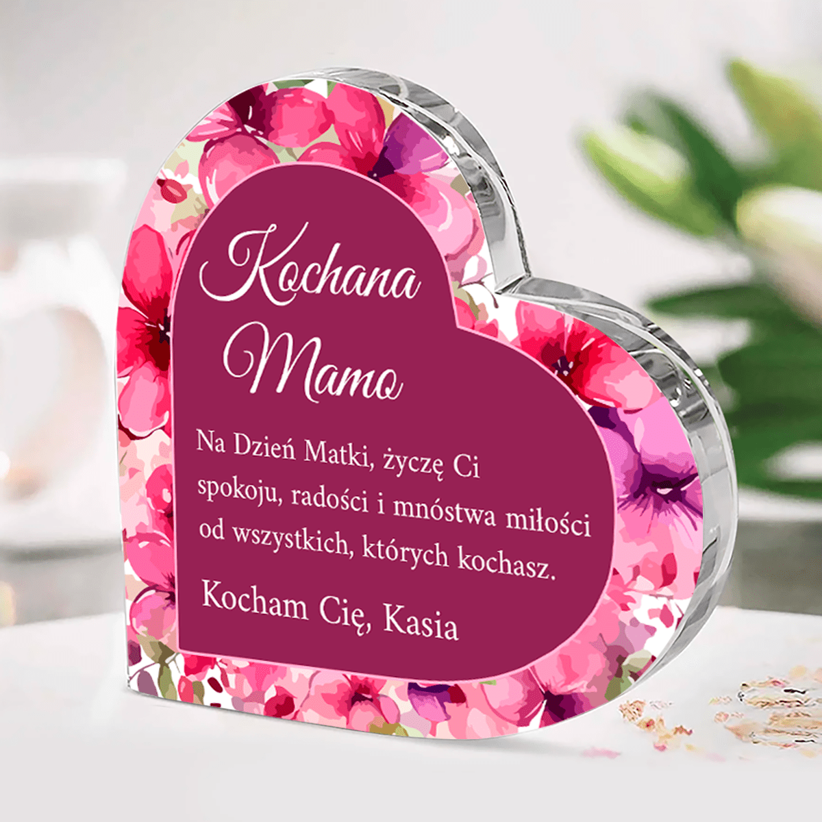 Fioletowe kwieciste serce - Szklane serce, spersonalizowany prezent dla mamy - Adamell.pl