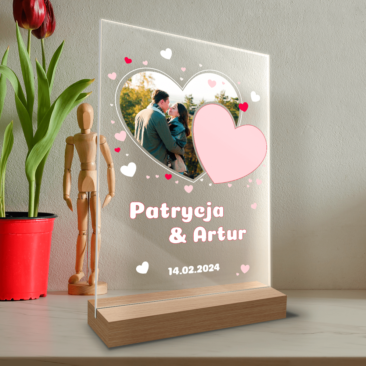 Fotografia w sercu + imiona - Druk na szkle, spersonalizowany prezent dla pary - Adamell.pl