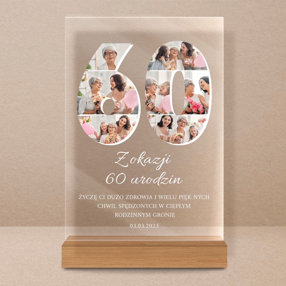 Fotokolaż 60 urodziny - Druk na szkle, spersonalizowany prezent - Adamell.pl
