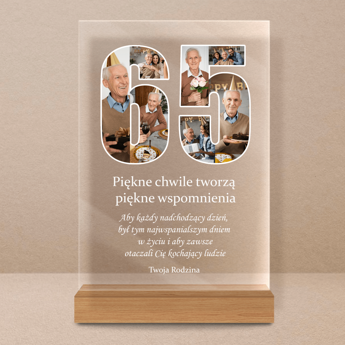 Fotokolaż 65 urodziny - Druk na szkle, spersonalizowany prezent - Adamell.pl