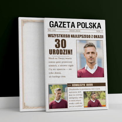 Gazeta na trzydziestkę - druk na płótnie, spersonalizowany prezent dla niego - Adamell.pl