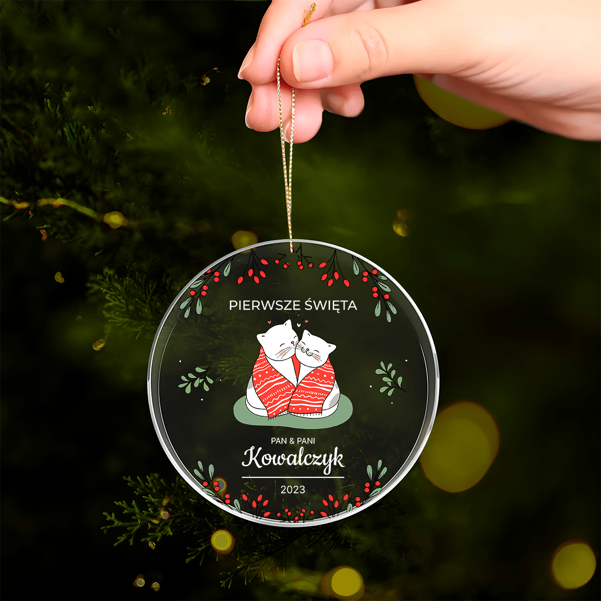 Grafika świąteczne koty - bombka choinkowa, spersonalizowany prezent dla żony - Adamell.pl