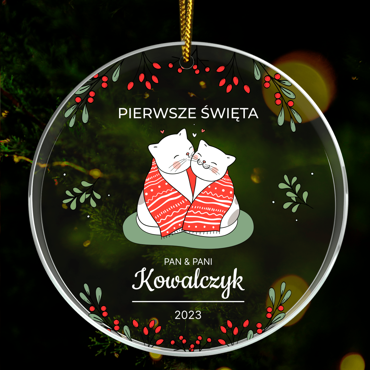Grafika świąteczne koty - bombka choinkowa, spersonalizowany prezent dla żony - Adamell.pl