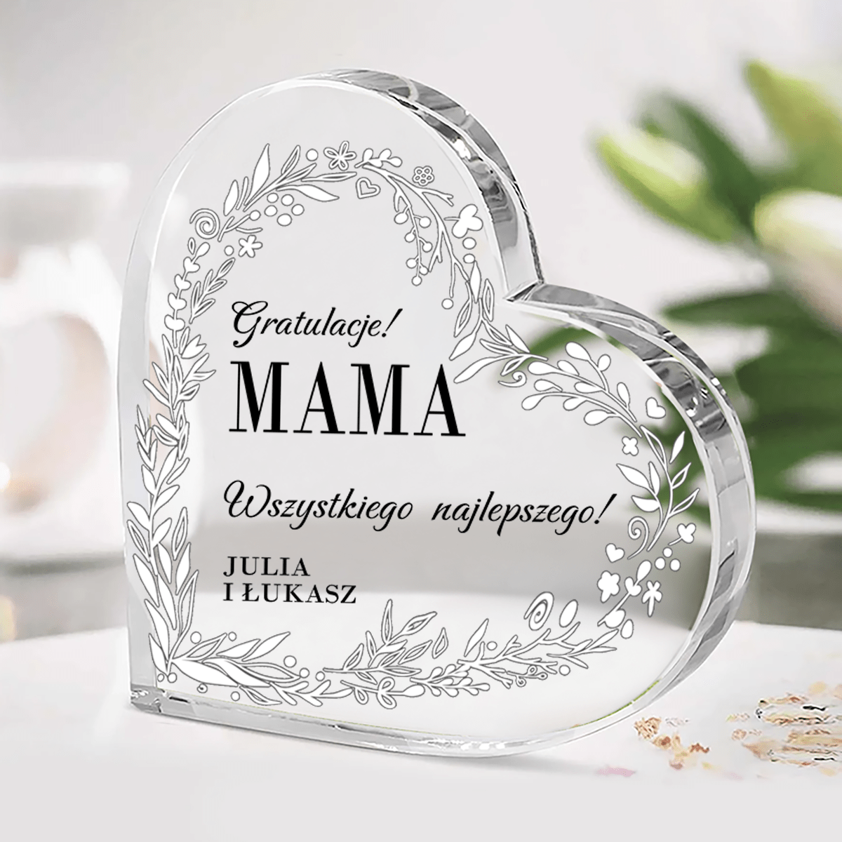 Gratulacje z kwiecistym motywem - Szklane serce, spersonalizowany prezent dla mamy - Adamell.pl