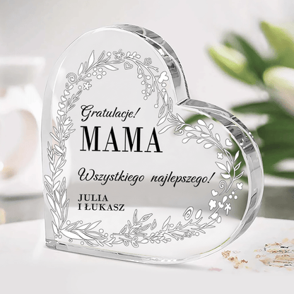 Gratulacje z kwiecistym motywem - Szklane serce, spersonalizowany prezent dla mamy - Adamell.pl