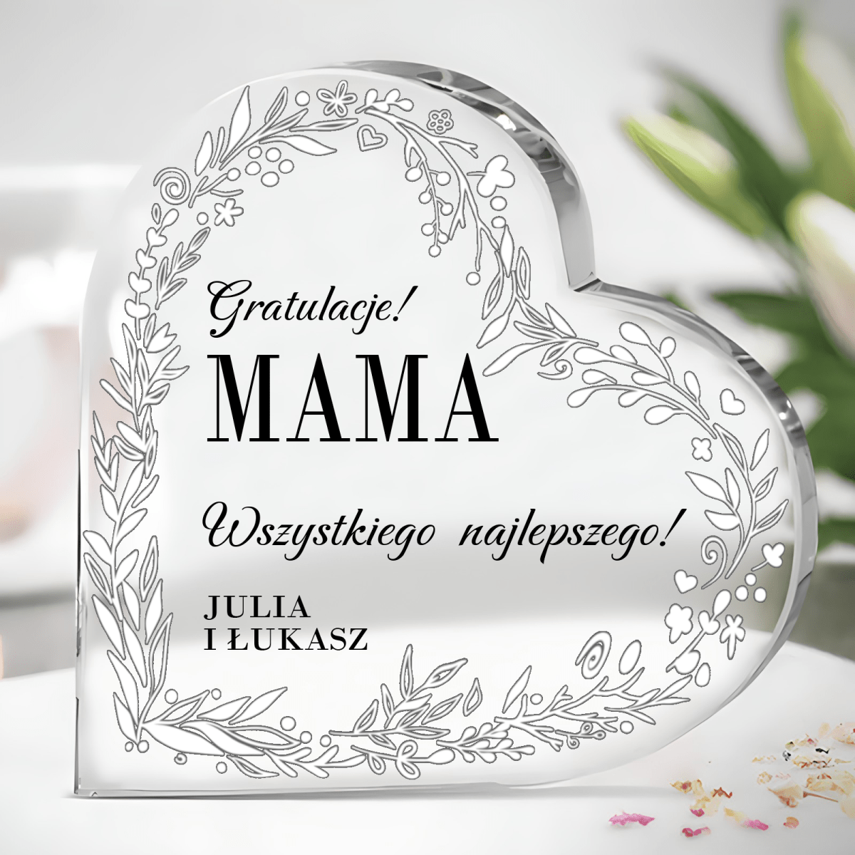Gratulacje z kwiecistym motywem - Szklane serce, spersonalizowany prezent dla mamy - Adamell.pl