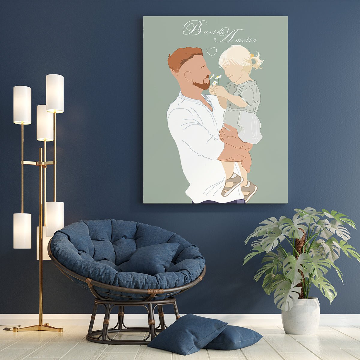 Ilustracja z tatą + napis - druk na płótnie, spersonalizowany prezent dla taty - Adamell.pl