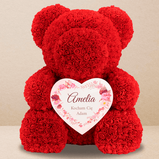 Imię + kwiaty w sercu - Miś z róż z wydrukiem, spersonalizowany prezent dla niej - Adamell.pl