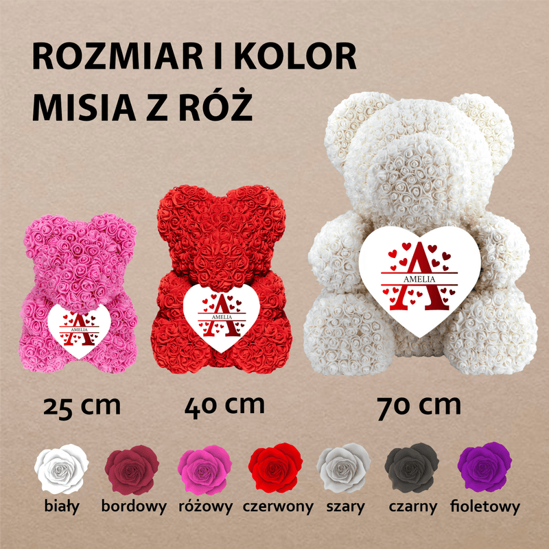 Imię w sercu - Miś z róż z wydrukiem, spersonalizowany prezent dla niej - Adamell.pl