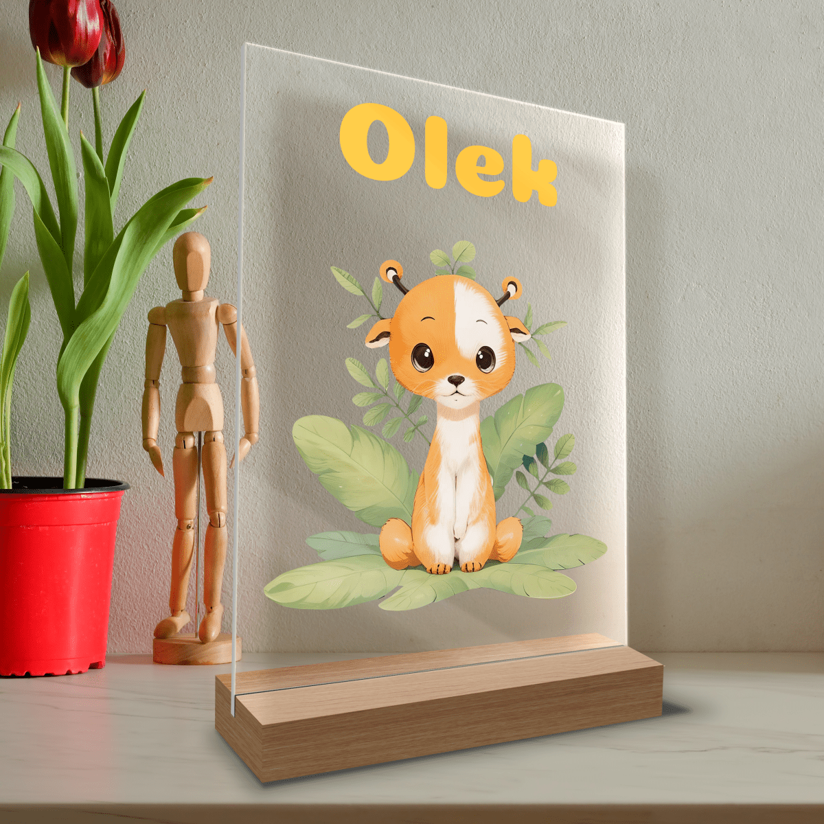 Jelonek grafika + imię dziecka - Druk na szkle z podstawką LED, spersonalizowany prezent dla dziecka - Adamell.pl