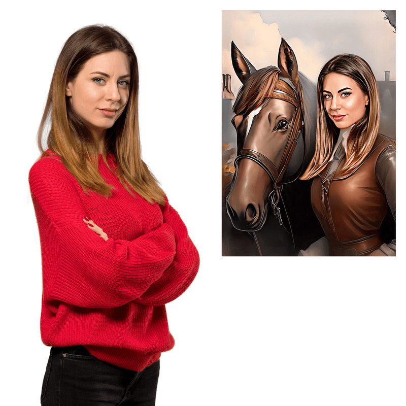 Kobieta z koniem - druk na płótnie, spersonalizowany prezent dla niej - Adamell.pl