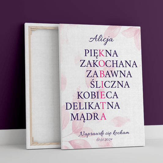 Kobieta - zalety - druk na płótnie, spersonalizowany prezent dla niej - Adamell.pl