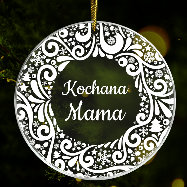 Kochana mama napis + świąteczne wzory - bombka choinkowa, spersonalizowany prezent dla mamy - Adamell.pl