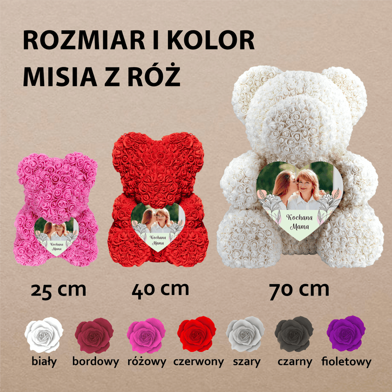 Kochana mama + zdjęcie - Miś z róż z wydrukiem, spersonalizowany prezent dla mamy - Adamell.pl