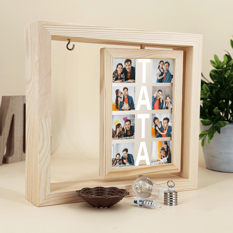 Kolaż 8 zdjęć dla taty - Druk na szkle w drewnianej ramce + led, spersonalizowany prezent dla taty - Adamell.pl