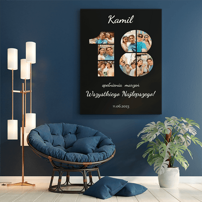 Kolaż na 18 z czarnym tłem - druk na płótnie, spersonalizowany prezent - Adamell.pl