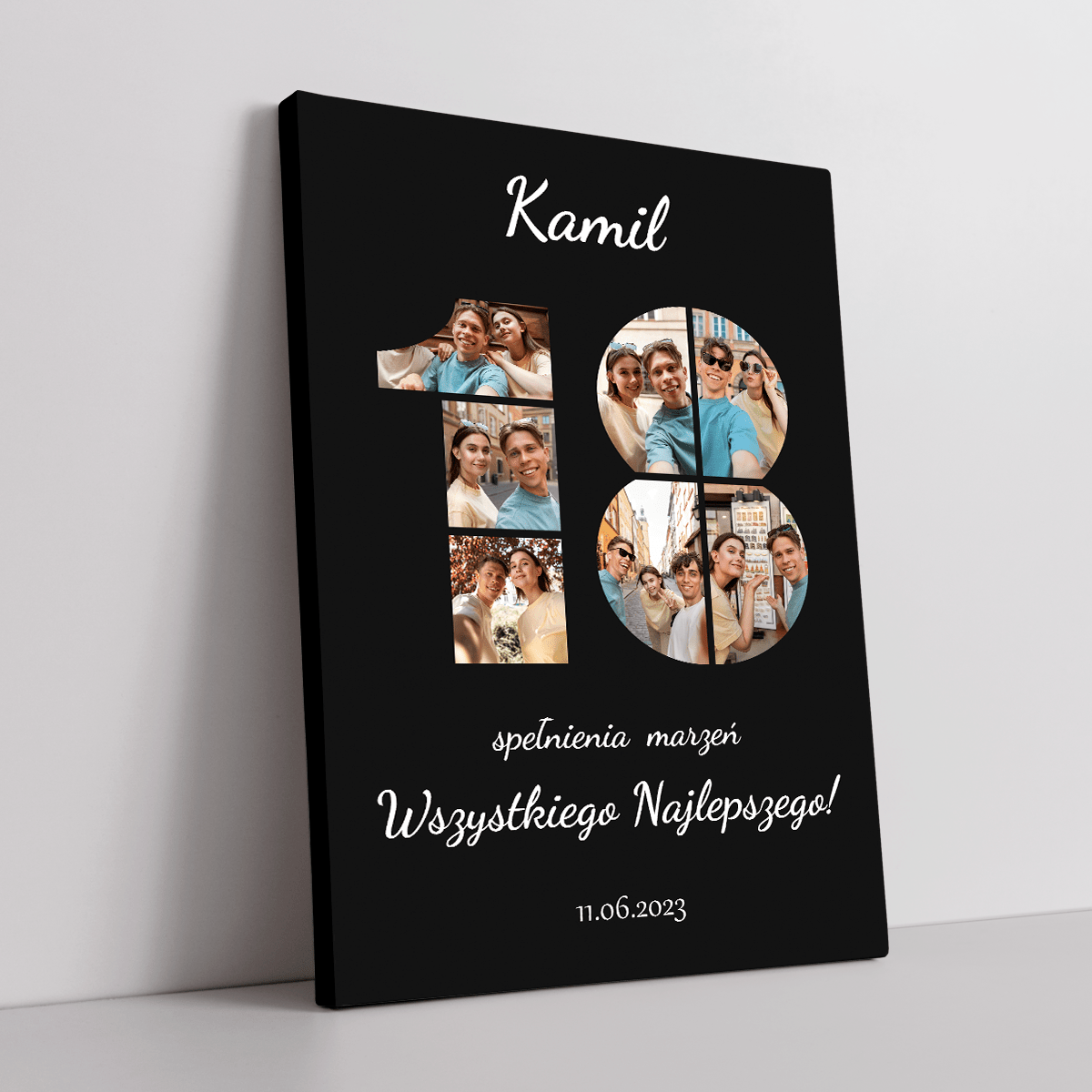 Kolaż na 18 z czarnym tłem - druk na płótnie, spersonalizowany prezent - Adamell.pl