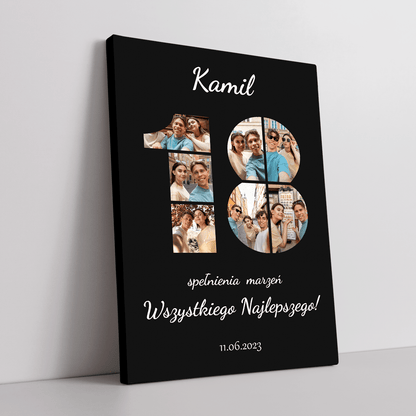 Kolaż na 18 z czarnym tłem - druk na płótnie, spersonalizowany prezent - Adamell.pl