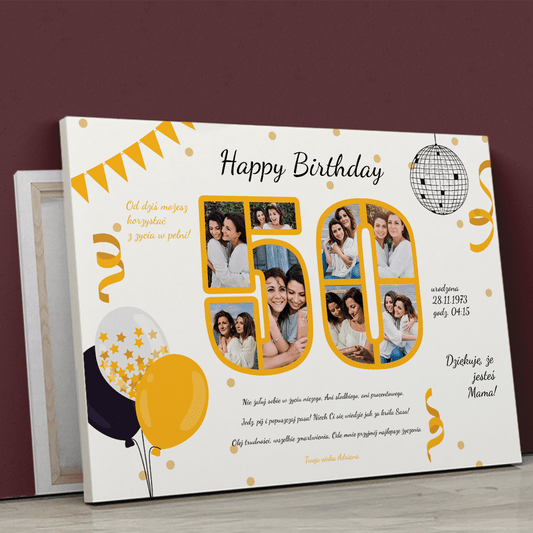 Kolaż na 50 z życzeniami biały - druk na płótnie, spersonalizowany prezent dla mamy - Adamell.pl