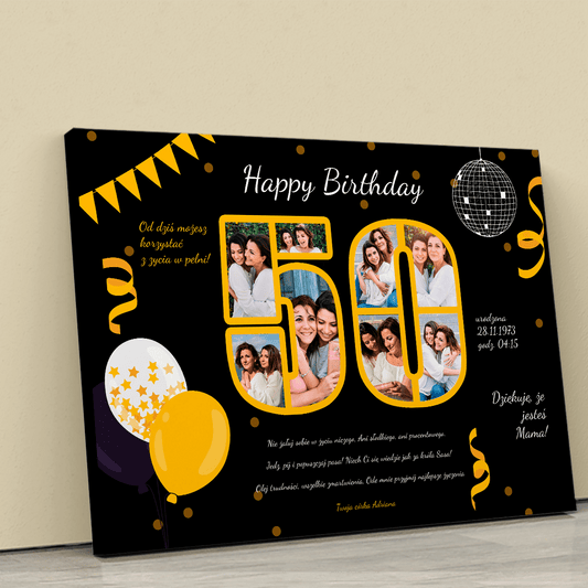 Kolaż na 50 z życzeniami czarny - druk na płótnie, spersonalizowany prezent dla mamy - Adamell.pl