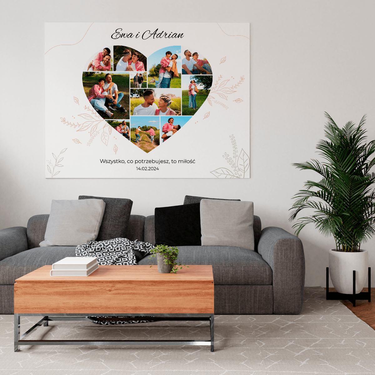 Kolaż serce z motywem roślinnym 11 zdjeć - druk na płótnie, spersonalizowany prezent dla pary - Adamell.pl