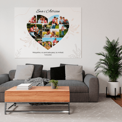 Kolaż serce z motywem roślinnym 11 zdjeć - druk na płótnie, spersonalizowany prezent dla pary - Adamell.pl