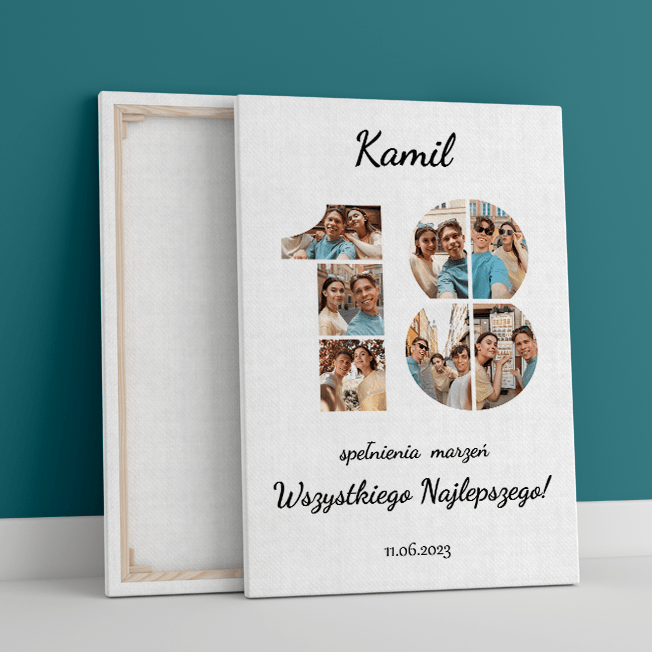 Kolaż z białym tłem na 18 - druk na płótnie, spersonalizowany prezent - Adamell.pl