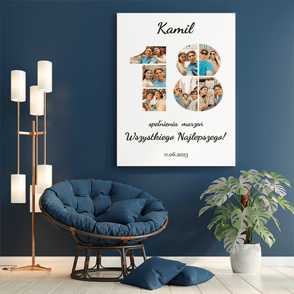 Kolaż z białym tłem na 18 - druk na płótnie, spersonalizowany prezent - Adamell.pl
